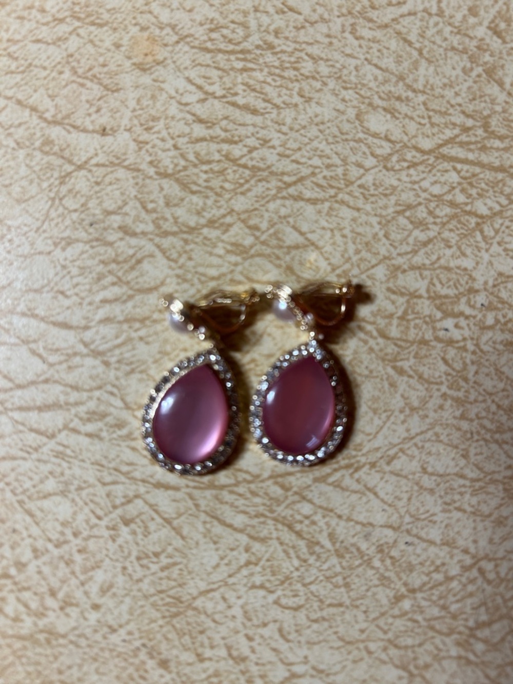 Pink Teardrop Crystal Halo Earrings - Clip on Earrings